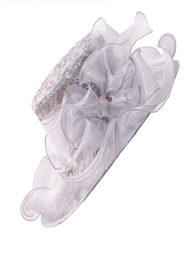 ORIDOOR Women’s Organza Church Tea Party Wedding Fascinator Hat UV-Anti Wide Brim Sun Hats A Grey, One Size - Image 2